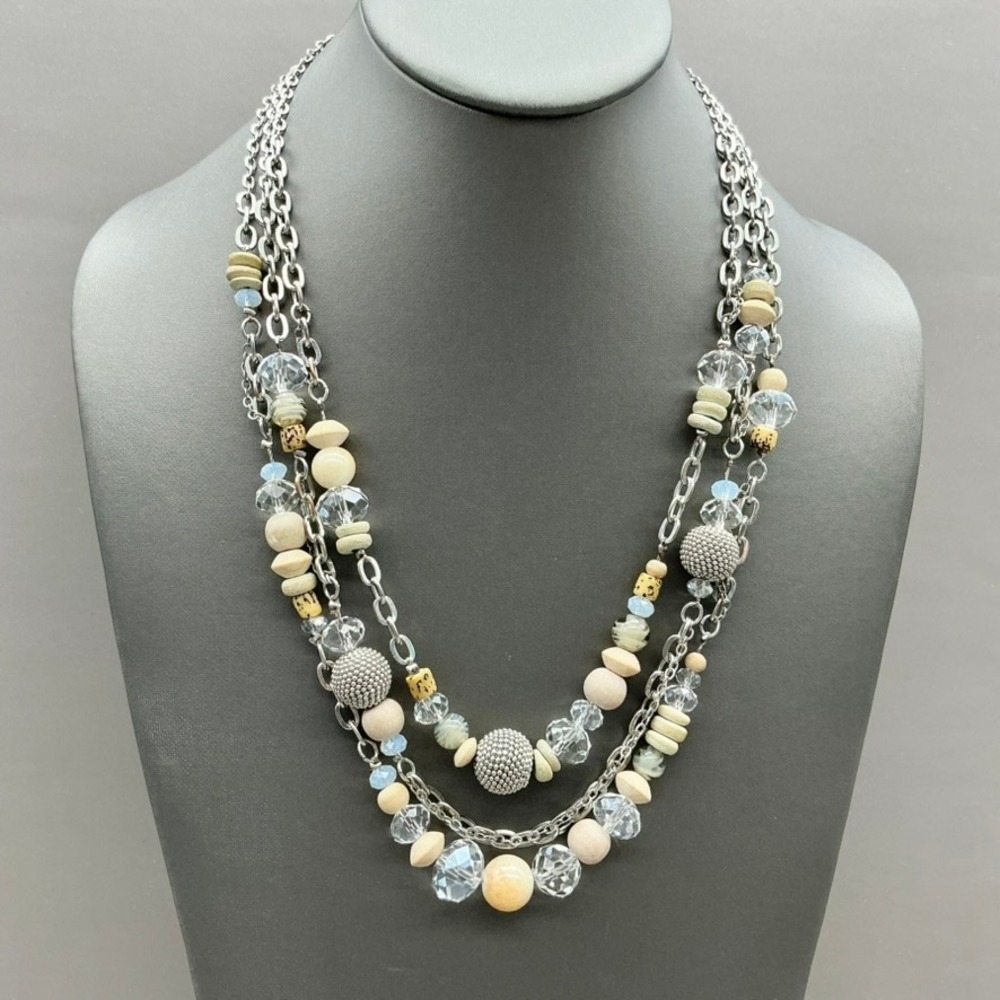 LOFT Necklace Women Silver Multi Strand Beaded Layered Faux Stone Crystal Clear